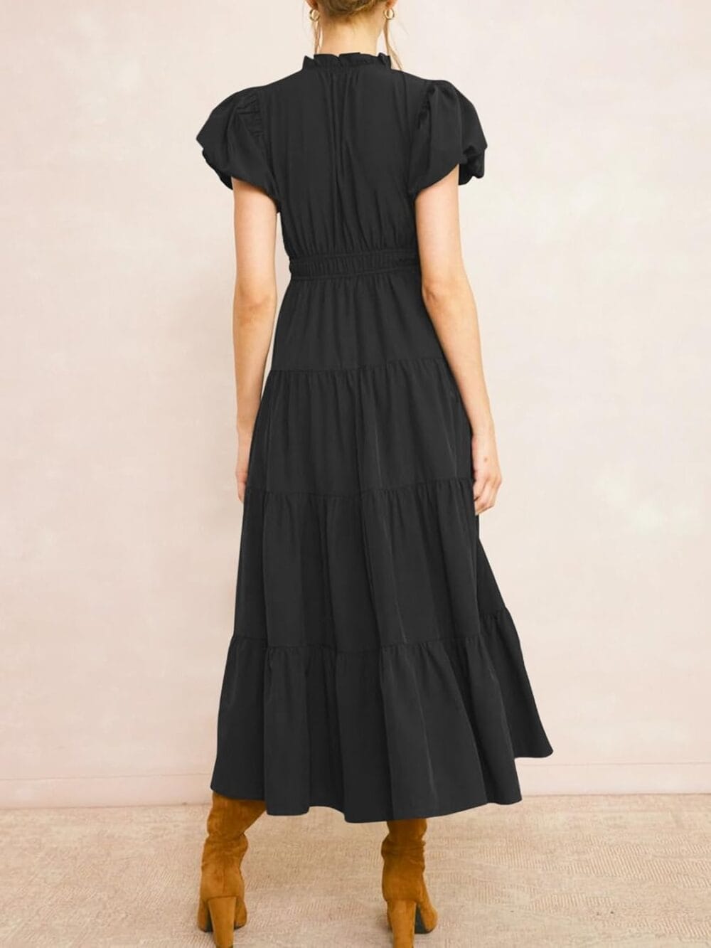 Womens Summer Midi Dress Puff Short Sleeve V Neck Dresses - Image 7