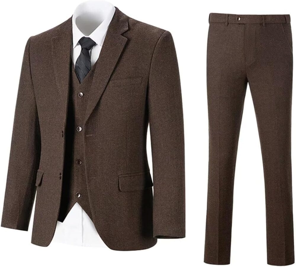 Retro Mens 3 Piece Suit Tweed Herringbone Slim Fit Suits Groomsmen Brown Tuxedos Set Prom Jacket Blazer Vest Pants for Men - Image 4