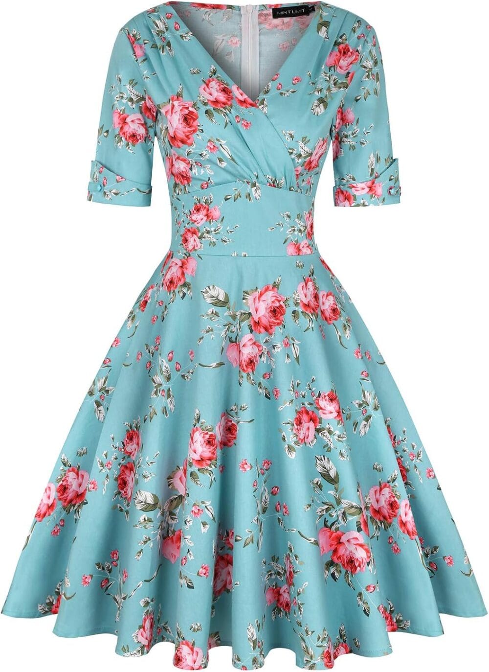 Women's 1950s Vintage Wrap V Neck Half Sleeve Retro Cocktail Swing Dress Plain A-line Dresses - Image 2