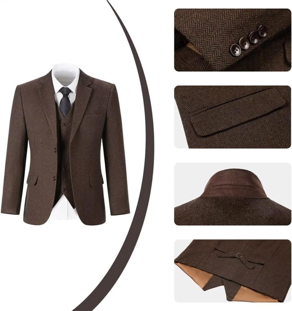 Retro Mens 3 Piece Suit Tweed Herringbone Slim Fit Suits Groomsmen Brown Tuxedos Set Prom Jacket Blazer Vest Pants for Men - Image 2