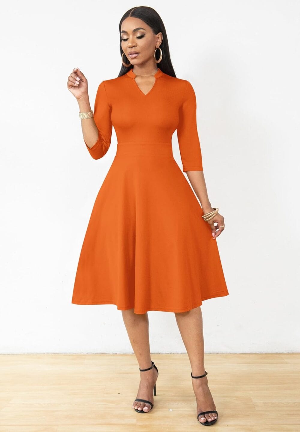 Nmoder Casual Dresses for Women Semi Formal Fit and Flare Dresses 3/4 Sleeve A-line Church Work Dresses with Pockets Orange XL - Image 3