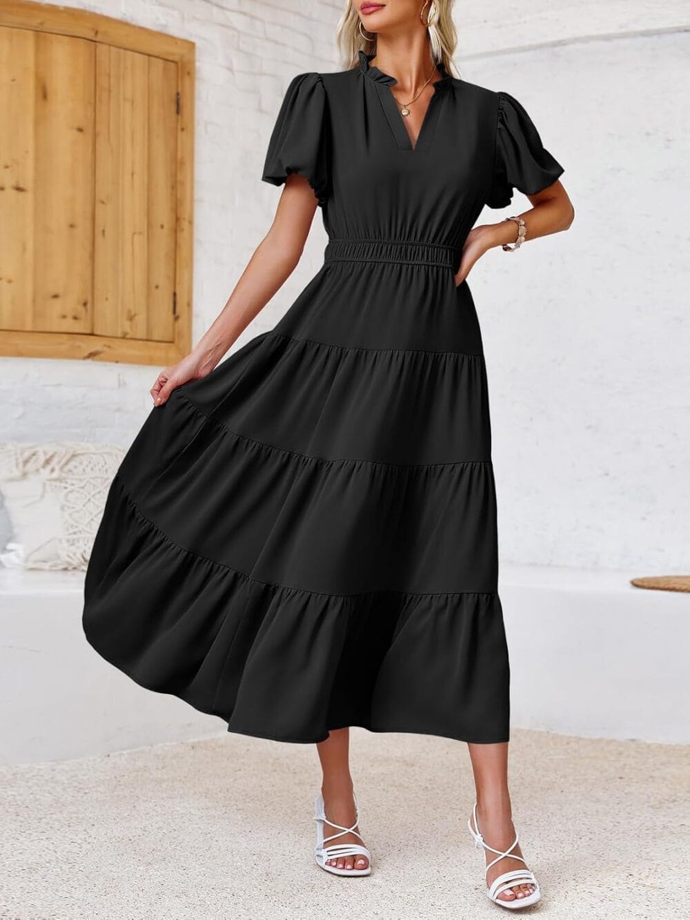 Womens Summer Midi Dress Puff Short Sleeve V Neck Dresses - Image 5