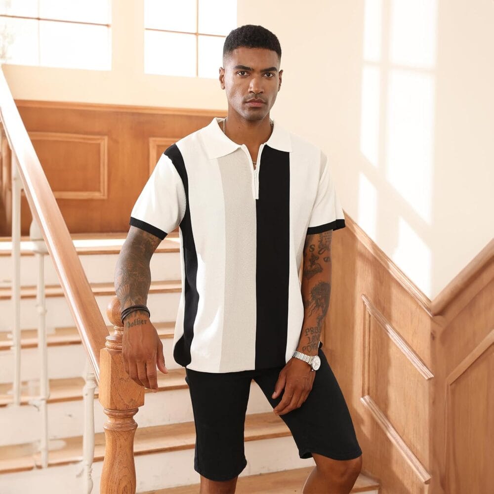 Men's Fashion Polo Shirts Vintage Striped Knitting Shirts Casual Slim Fit Golf Shirts - Image 6