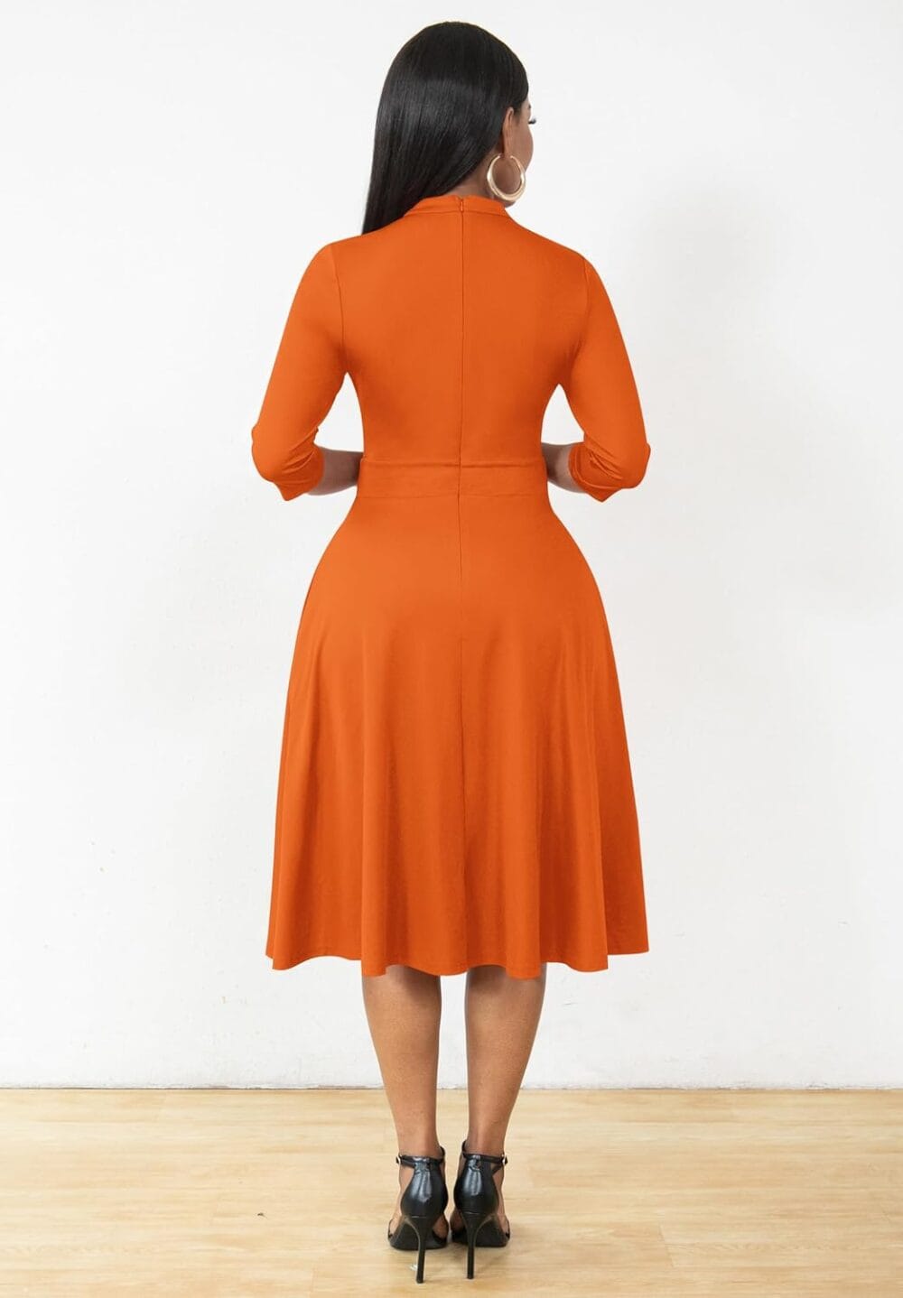 Nmoder Casual Dresses for Women Semi Formal Fit and Flare Dresses 3/4 Sleeve A-line Church Work Dresses with Pockets Orange XL - Image 4