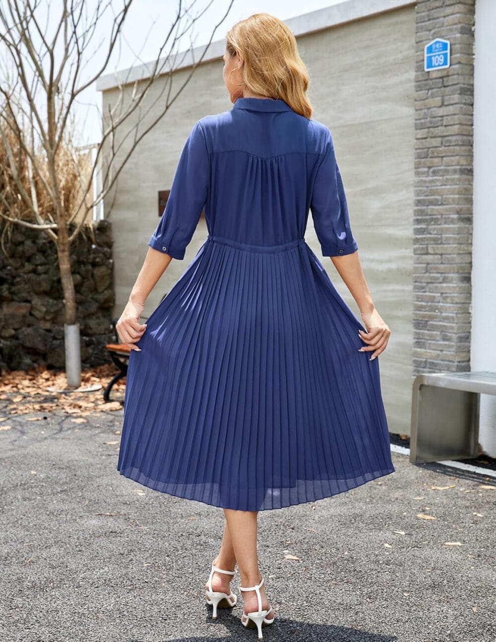 Women V Neck Long Sleeve Extra Long A-Line Dress Elegant Pleated Skirt Fashion Dress - Image 4