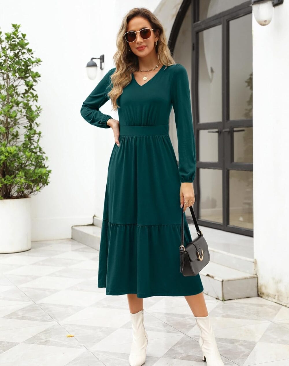 Fall Spring Puff Long Sleeve V Neck Causal Ruffle Tiered Midi Dress - Image 2