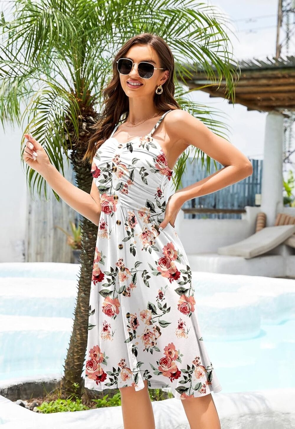 Women's Summer Casual Dress Florals Buttons Down Ruched Sweetheart Neck Sleeveless Midi Sundress - Image 3