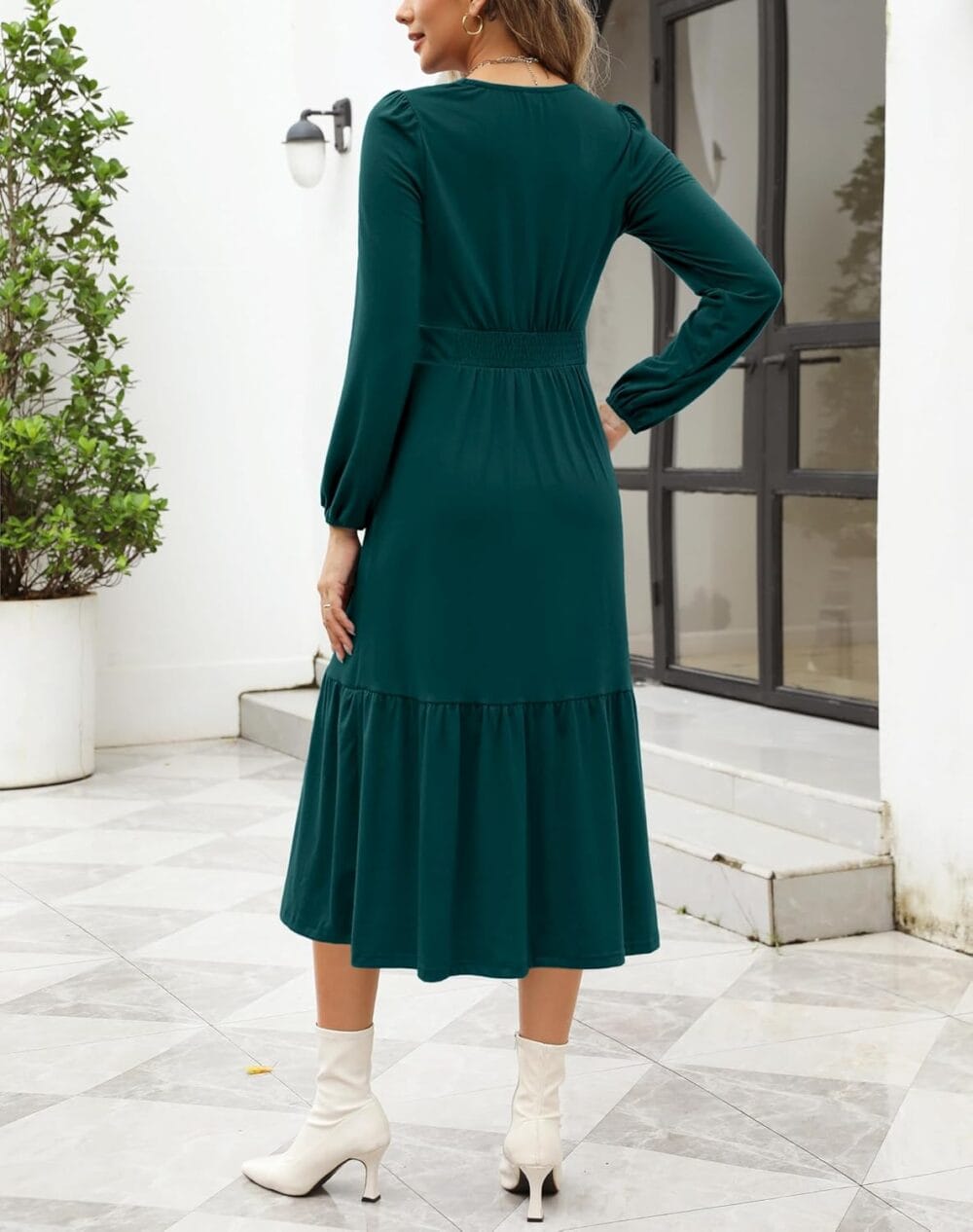 Fall Spring Puff Long Sleeve V Neck Causal Ruffle Tiered Midi Dress - Image 4