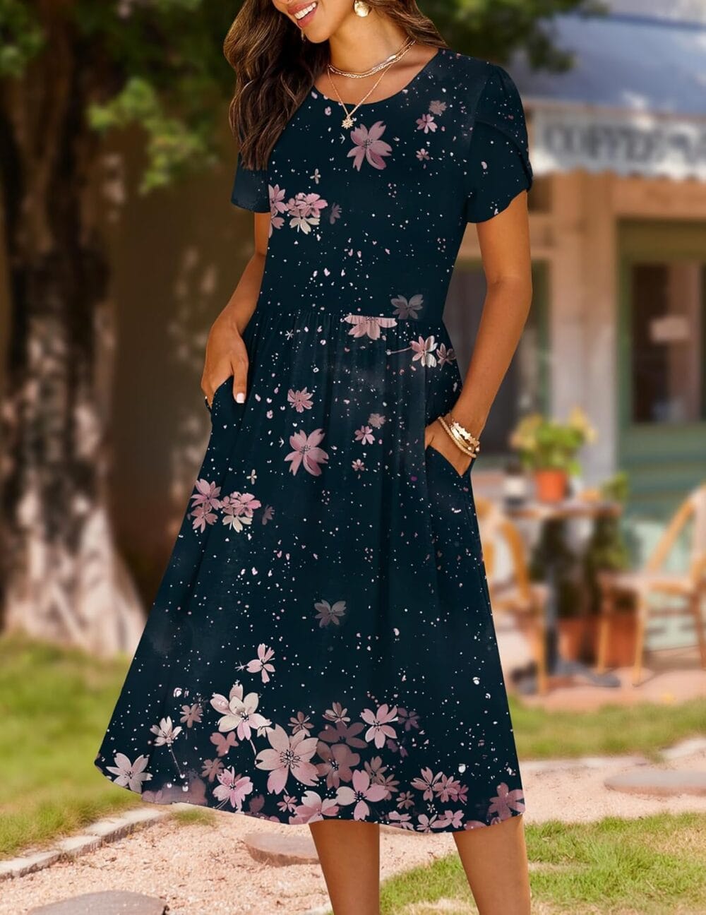 Women's Summer Short Sleeve A-Line Midi Dresses Casual Floral T-Shirt Dress Flowy Beach Sundress with Pockets - Image 2