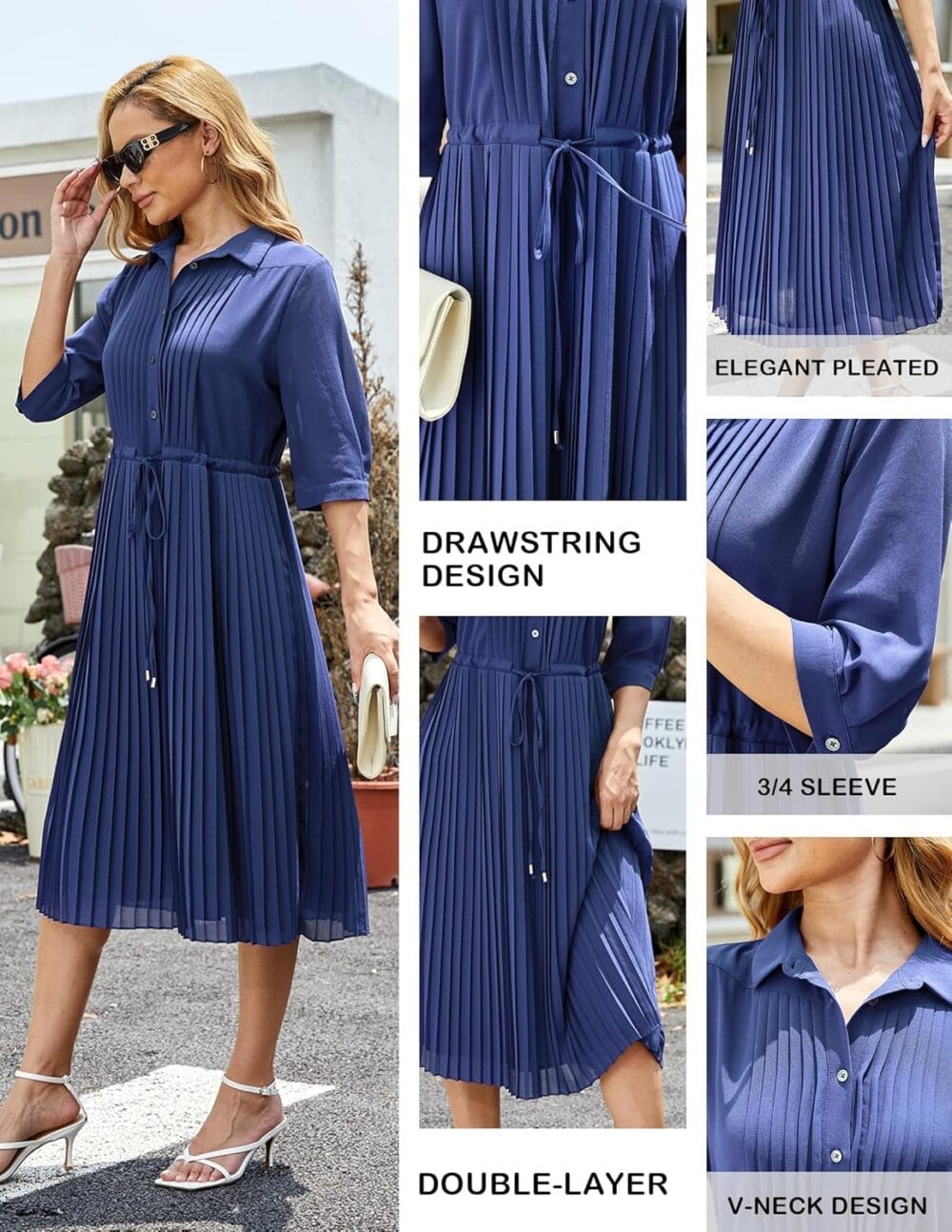 Women V Neck Long Sleeve Extra Long A-Line Dress Elegant Pleated Skirt Fashion Dress - Image 5