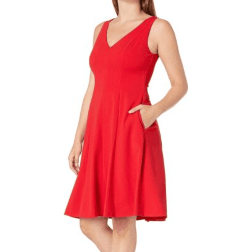 Donna Morgan Women's Stretch Crepe Sleeveless V-Neck Fit and Flare Dress