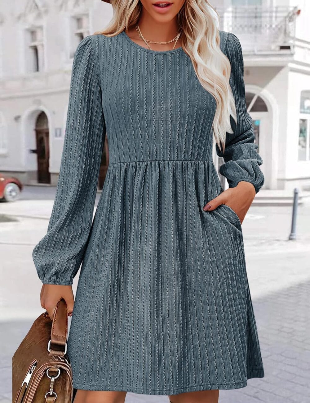 Zeagoo Women's Casual Knit Sweater Dress with Pockets Crew Neck Long Sleeve A-Line Dresses for Women 2024 Fall Dresses - Image 3