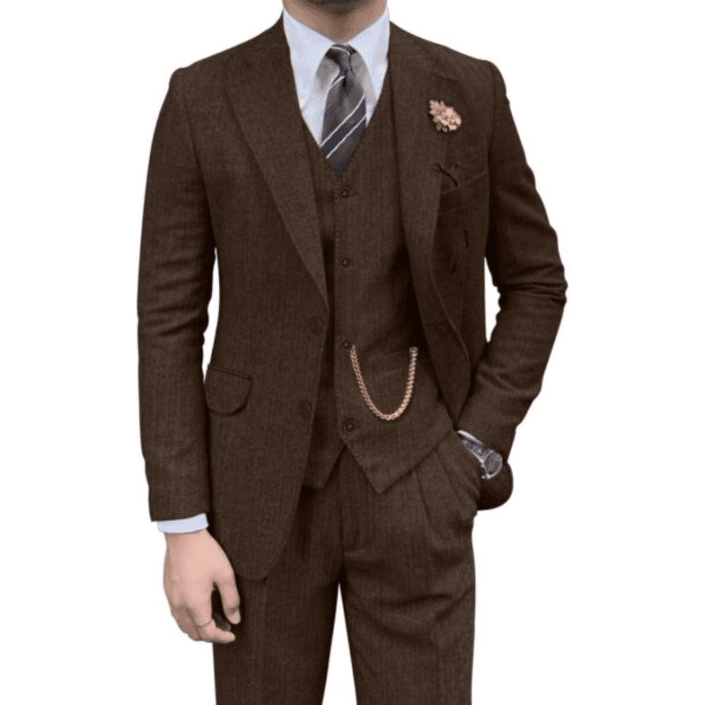 Retro Mens 3 Piece Suit Tweed Herringbone Slim Fit Suits Groomsmen Brown Tuxedos Set Prom Jacket Blazer Vest Pants for Men