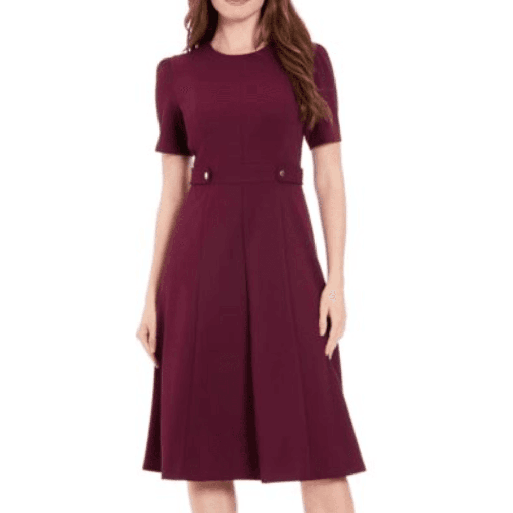 Women's Short Sleeve Crepe Fit and Flare Midi