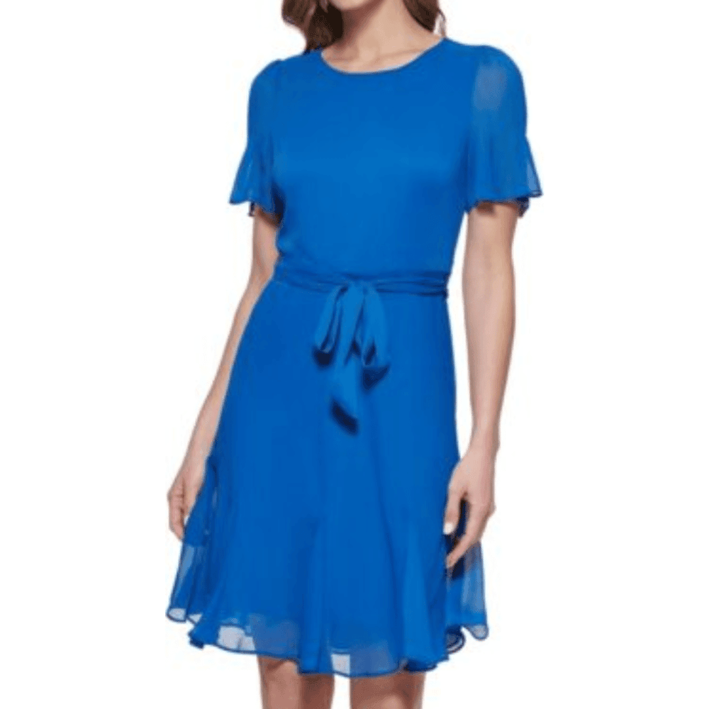 Womens Double Ruffle Sleeve Fit and Flare Dress