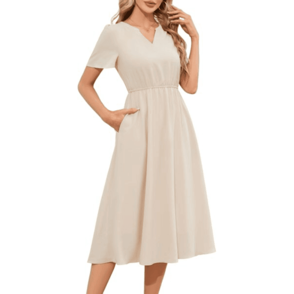 Women's Casual Dresses V Neck Short Sleeve Wedding Summer Dress with Pockets