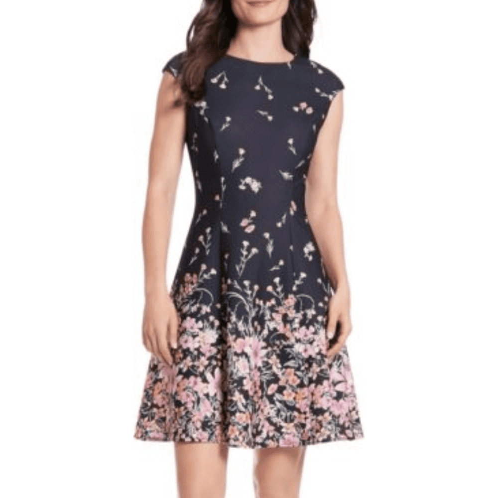 Women's Dresses Floral Border Cap Sleeve Fit & Flare Dress