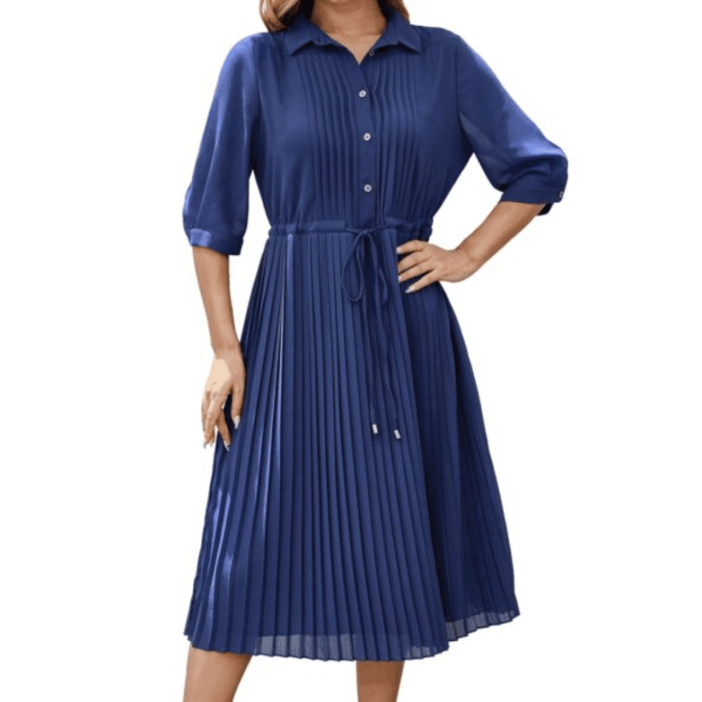 Women V Neck Long Sleeve Extra Long A-Line Dress Elegant Pleated Skirt Fashion Dress