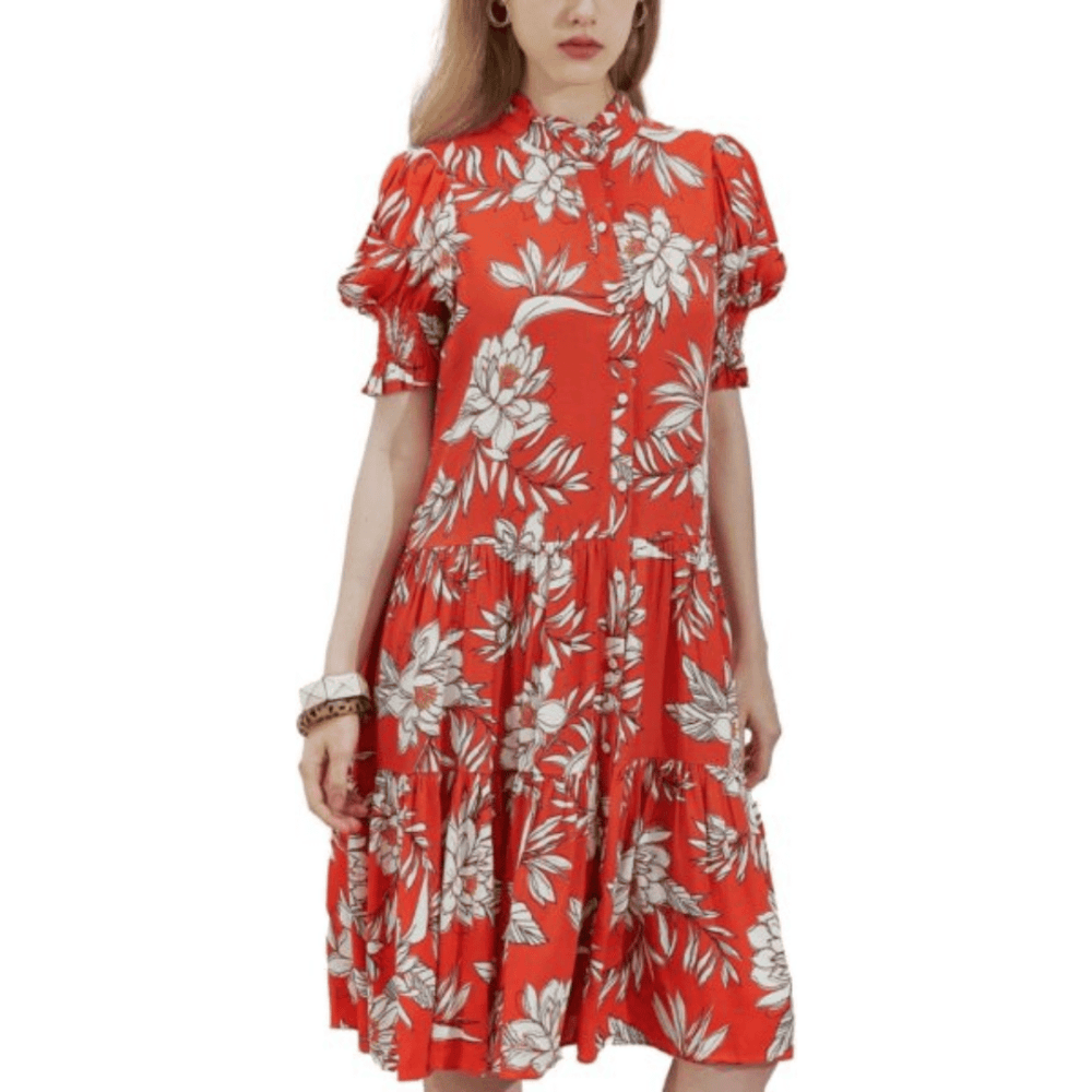 Floral Midi Dresses Ruffle Empire Waist Elastic Short Sleeve Knee Length Button Closure Casual