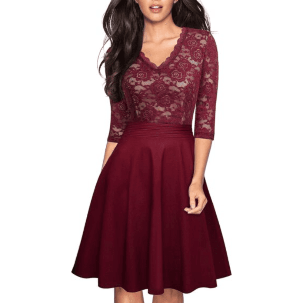 Women's Chic V-Neck Lace Patchwork Flare Party Dress