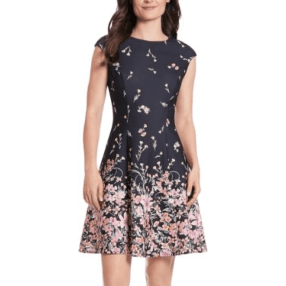 Women's Dresses Floral Border Cap Sleeve Fit & Flare Dress