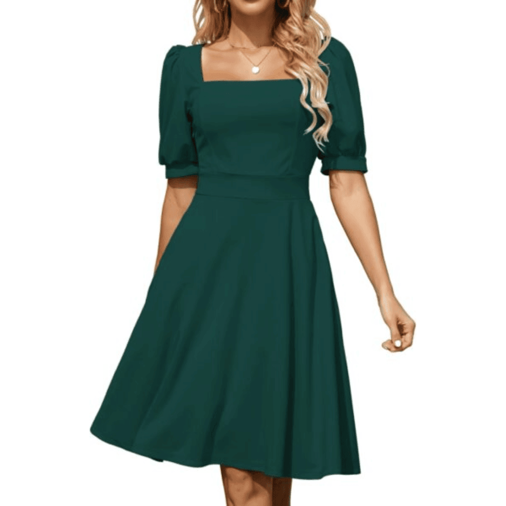 Square Collar Aline Dresses for Women Work Puff Half Sleeve Fit and Flare Business Casual Dress with Pockets