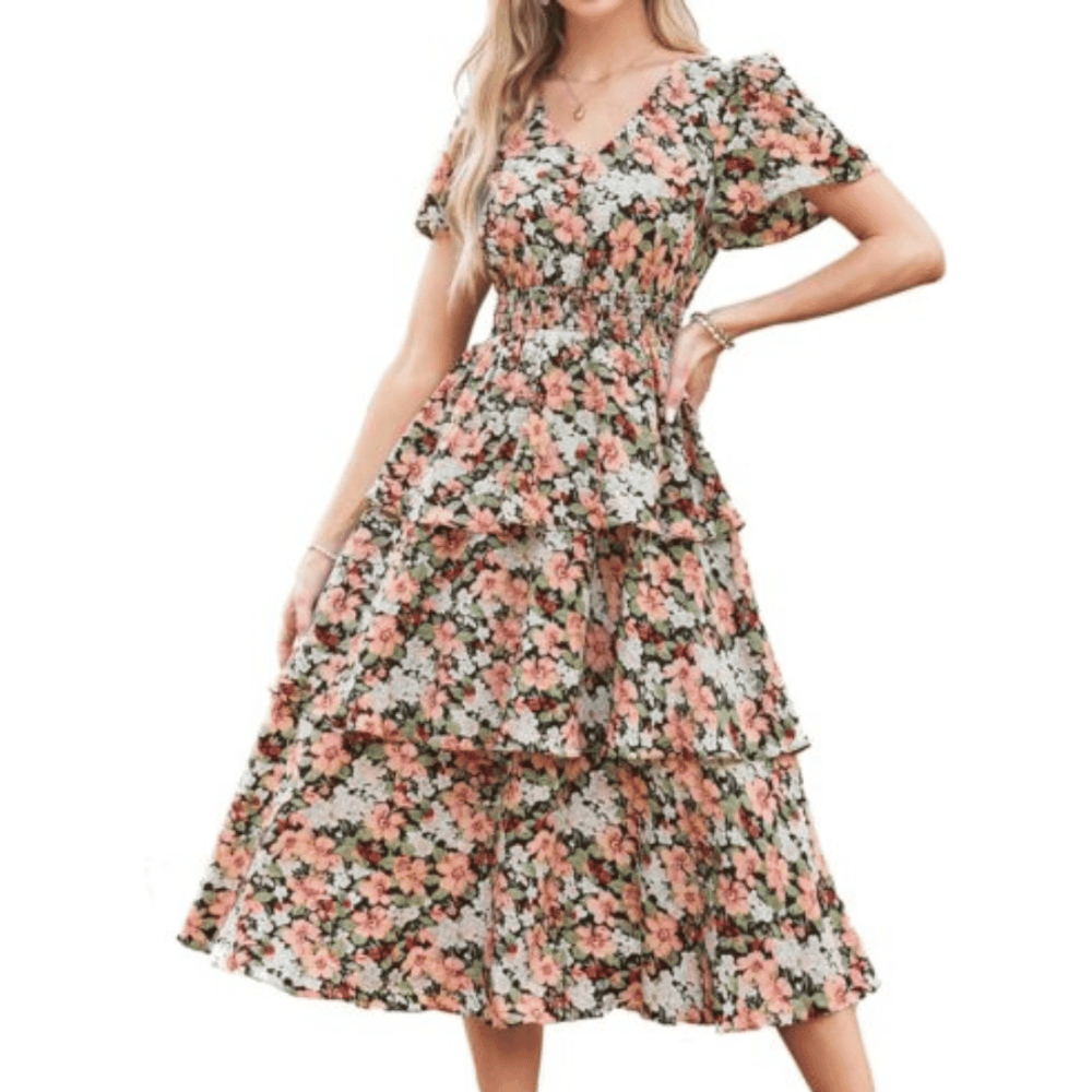 GRACE KARIN Women's Floral Summer Long Midi Dress V Neck Short Sleeve Ruffle Tiered Layered Boho Swing Dresses