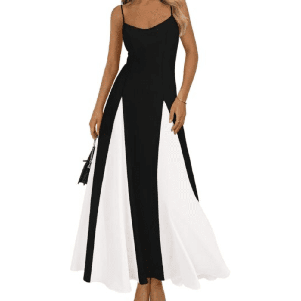 PRETTYGARDEN Spaghetti Strap Color Block Spring Dresses for Women Trendy Sleeveless Maxi Dress Flowy Prom Dresses