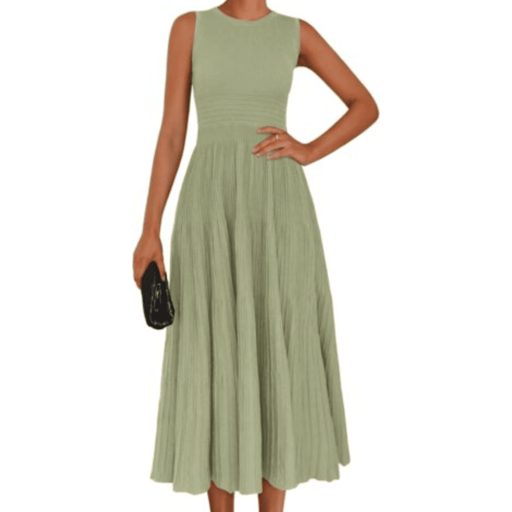 PRETTYGARDEN Women's Summer Midi Dresses Sleeveless Crewneck Knit A Line Pleated Swing Wedding Guest Casual Tank Dress