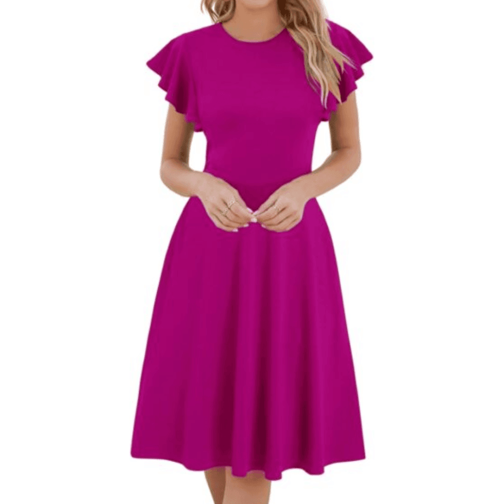 HELYO Women's Semi-Formal Ruffle Sleeves V-Back Work Fit and Flare Cocktail Wedding Guest Dress with Pockets 842