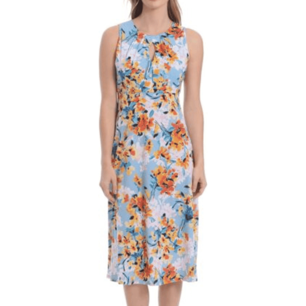 London Times Women's Printed Sleeveless Versatile Empire A-line Keyhole Neckline Midi Dress