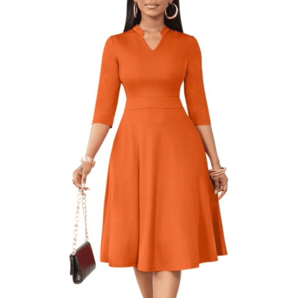 Nmoder Casual Dresses for Women Semi Formal Fit and Flare Dresses 3/4 Sleeve A-line Church Work Dresses with Pockets Orange XL