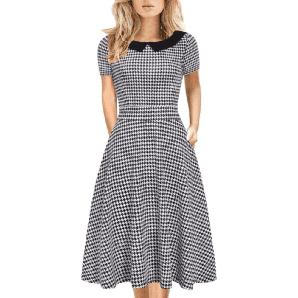 Women's Elegant Vintage Cotton Casual Floral Print Work Party Peter Pan Collar A-Line Dress with Pockets 978