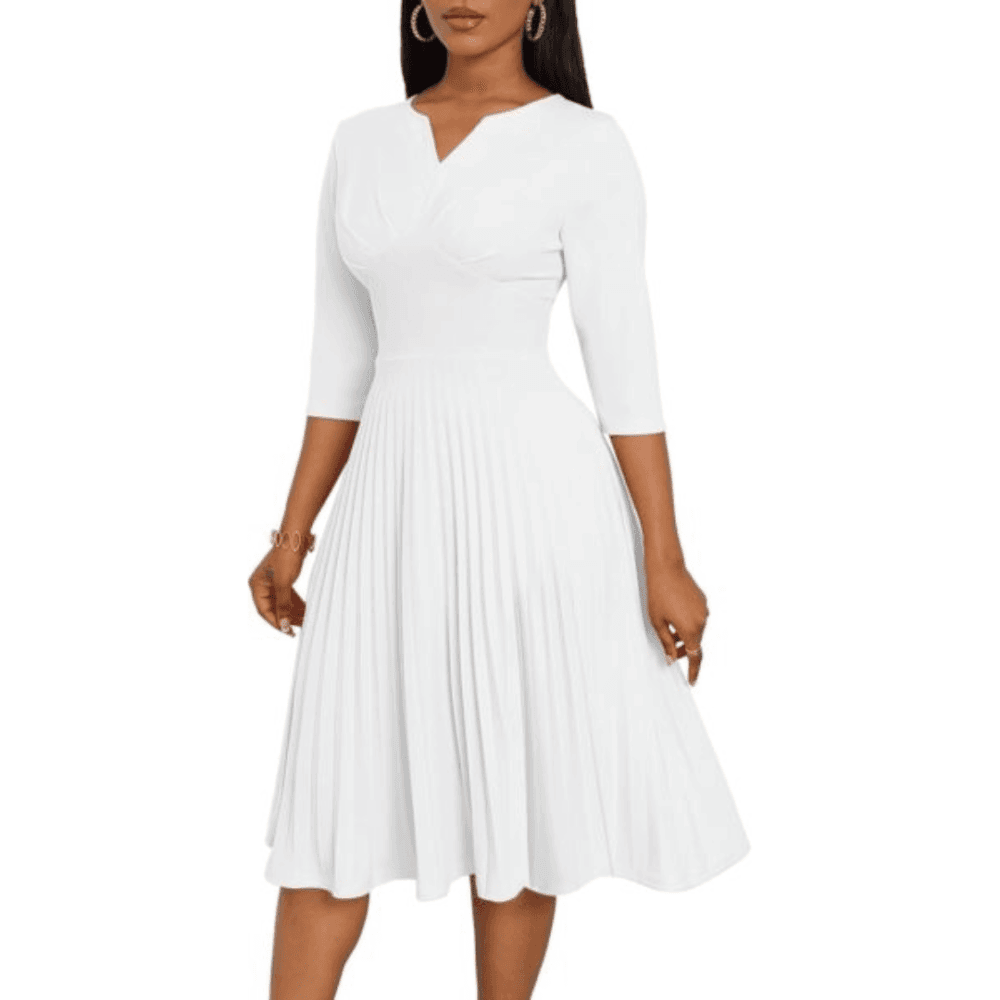 CLOCOR Midi Dresses for Women Casual Wrap Flared Pleated Dress A Line 3/4 Sleeve V Neck Church Cocktail Wedding Guest Dress