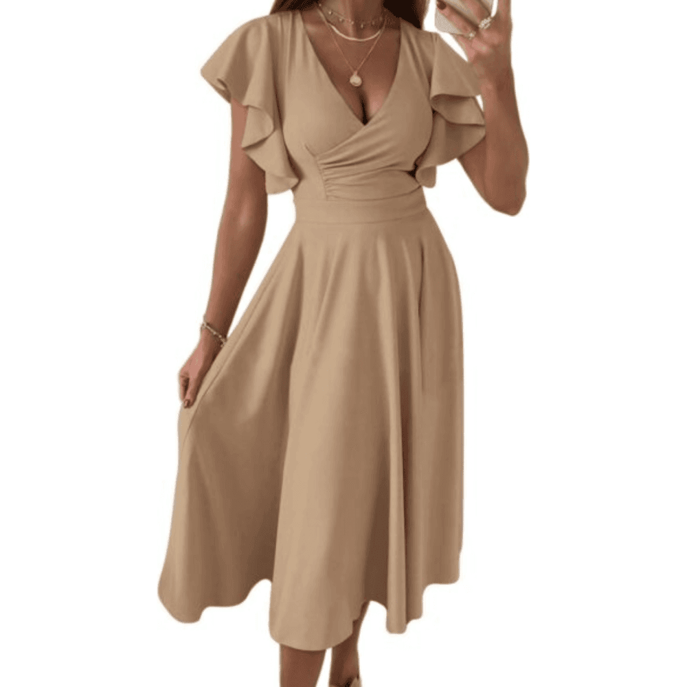 Women's Summer Midi Dress Ruffle Cap Sleeve V Neck Cocktail Party Fit and Flared Dresses