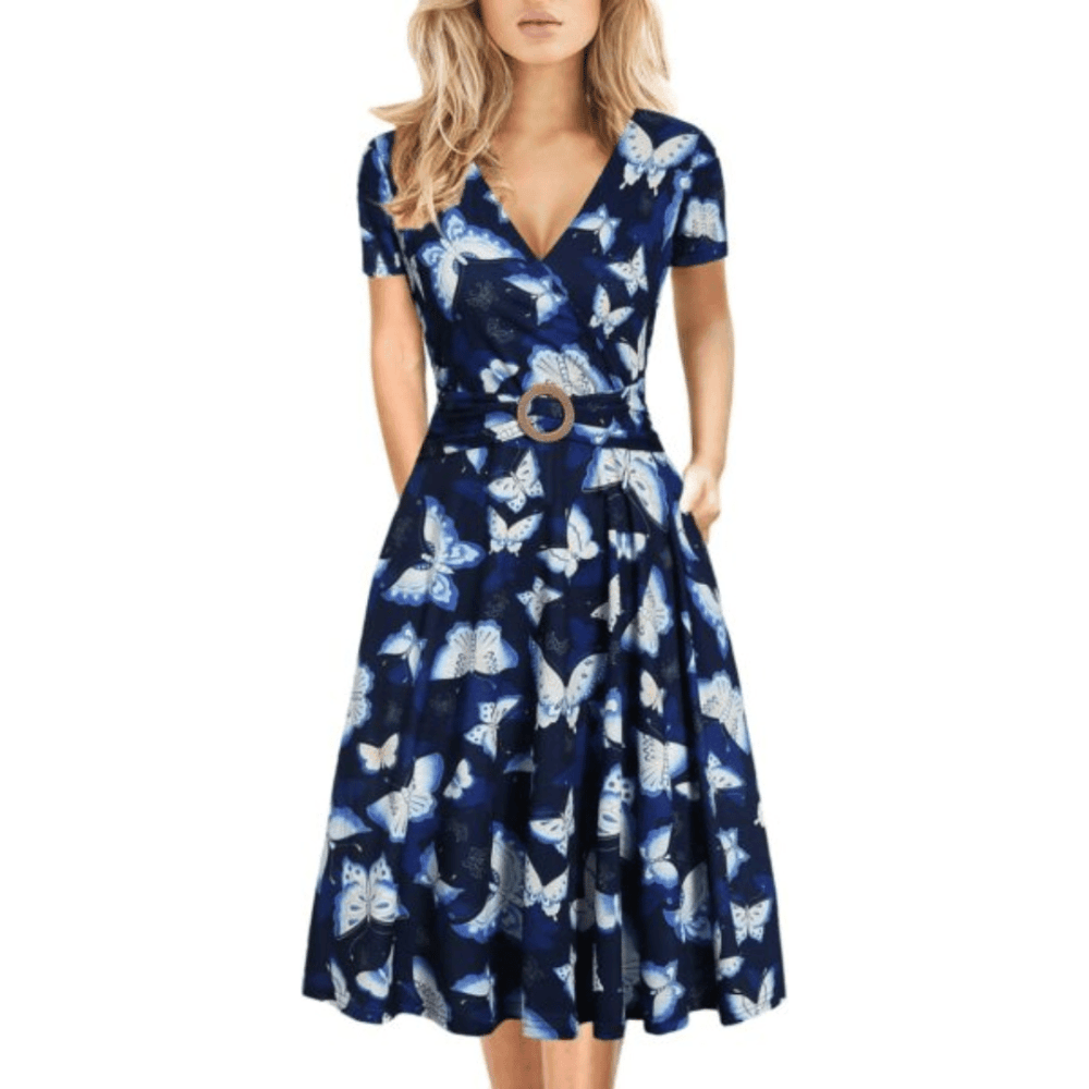 Women's Elegant Criss-Cross V Neck Vintage Work Casual Fit and Flare Tea Dress