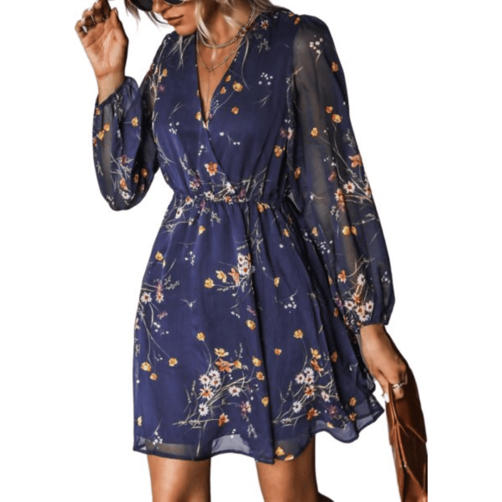 Women's Mini Dresses Casual Spring V Neck Chiffon Long Peasant Sleeves Flowy Summer Dress