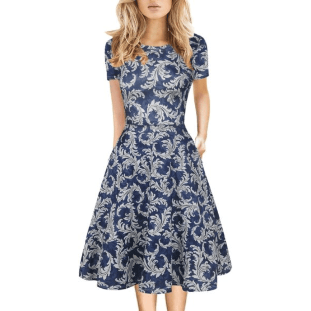 Women's Elegant Vintage 50s Office Casual Floral Print Work Party A-Line Swing Dress with Pockets 162