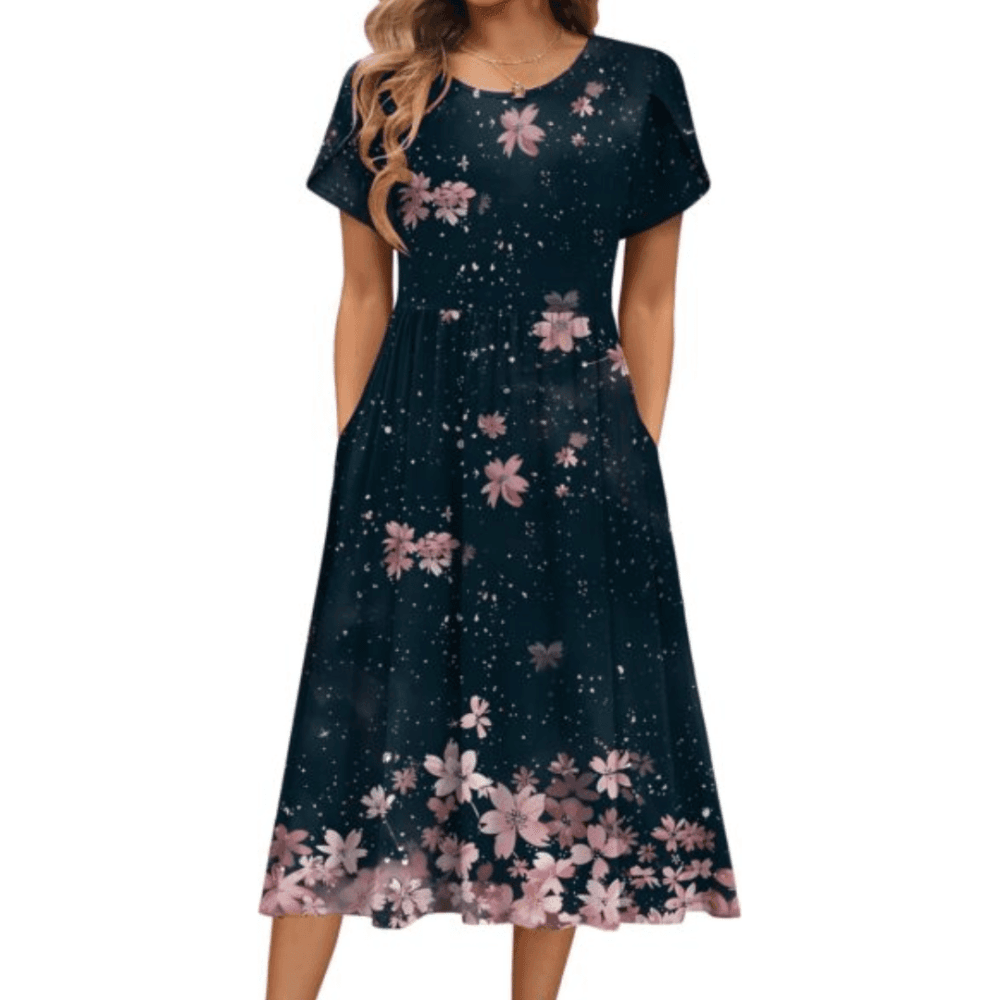 Women's Summer Short Sleeve A-Line Midi Dresses Casual Floral T-Shirt Dress Flowy Beach Sundress with Pockets